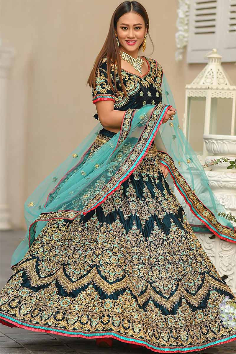 peacock colour bridal lehenga