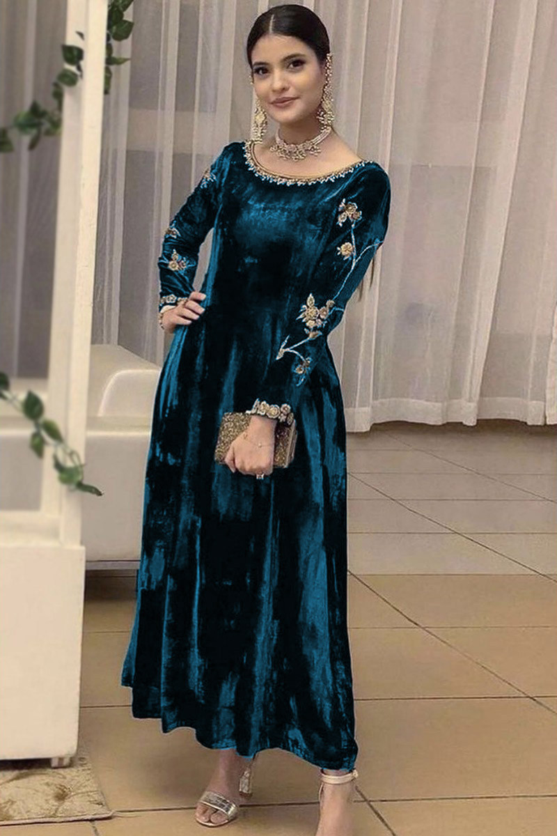 Dress Shops Online Gown in Peacock Green Velvet Fabric LSTV115382