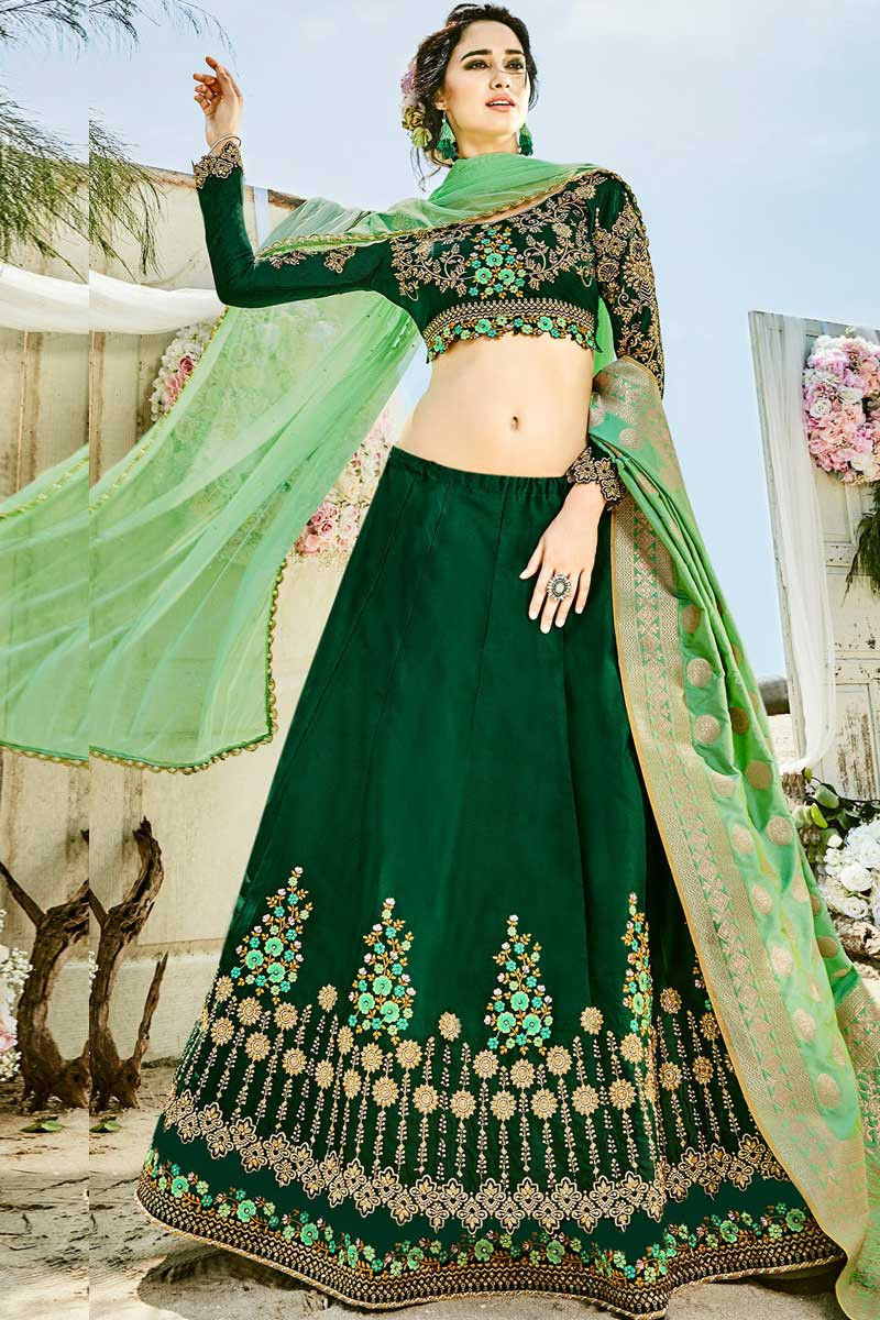 Wedding Bridal Lehenga, Dark Green Silk 