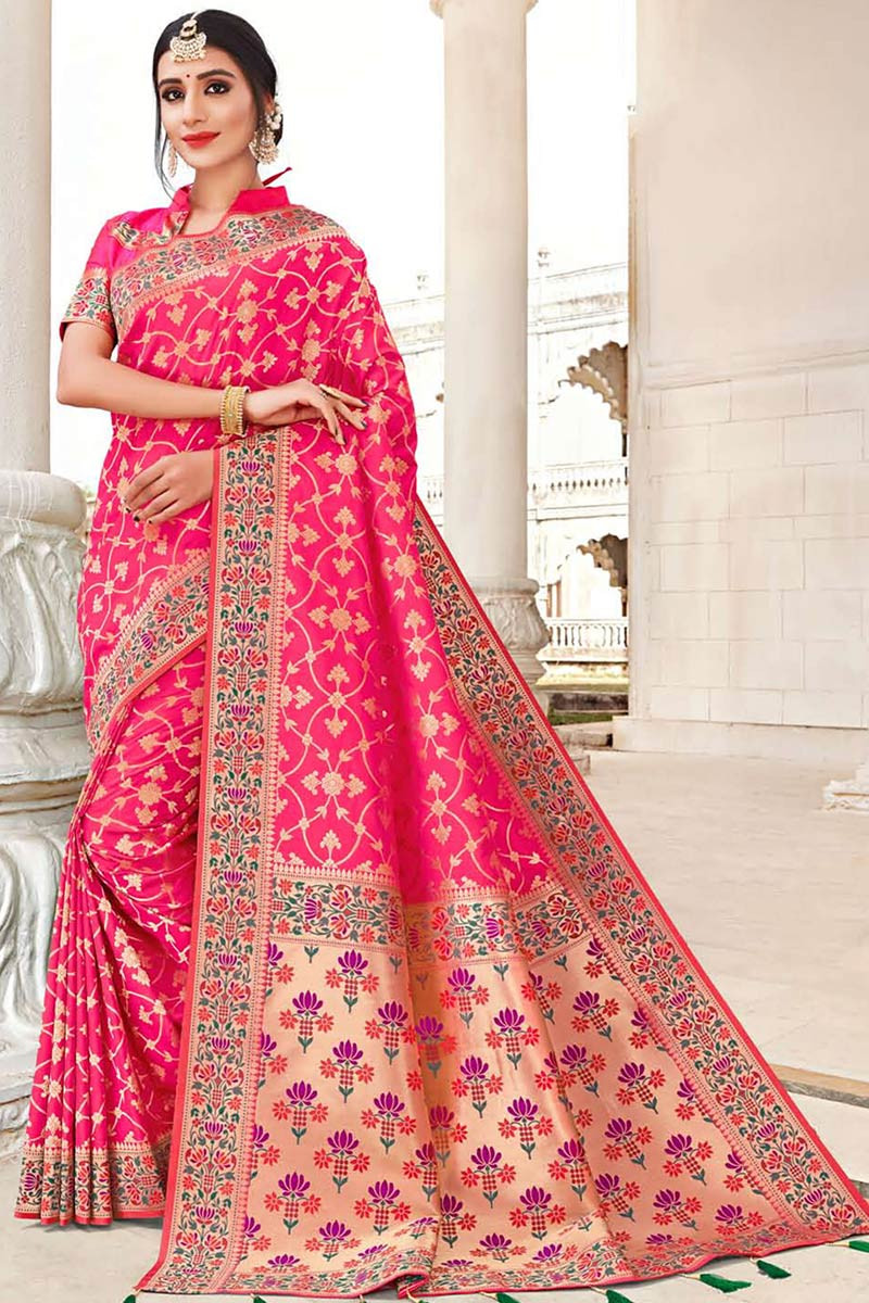 New Indian Pakistani Pink Saree Party Wear Designer Ethnic Banarasi Silk Sari 