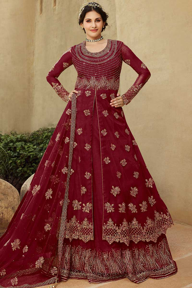 Handwork Heavy Embroidered Maroon Net Lehenga Dress