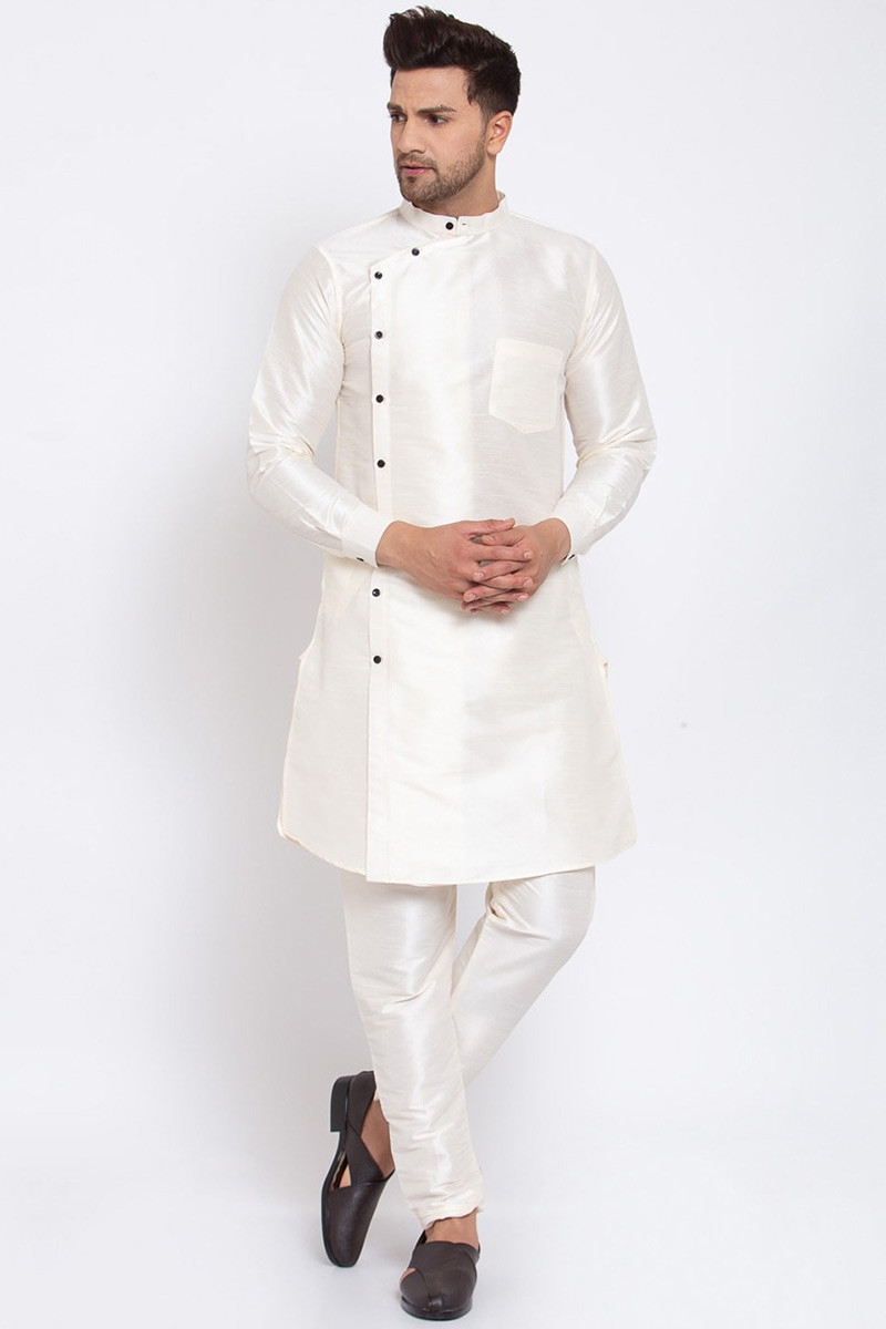 Buy Eid Design Dupion Silk White Men's Kurta Pajama MKPA0144