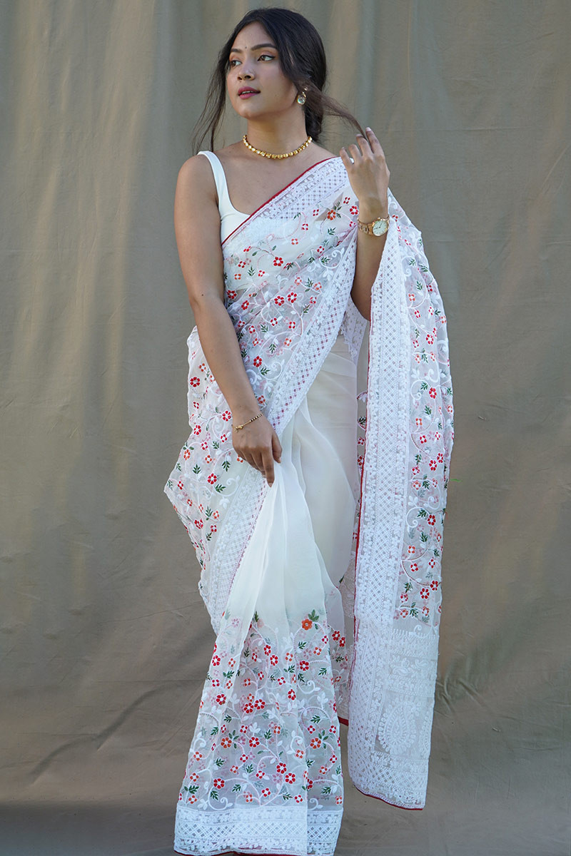 Grey plain organza saree with blouse - Lilots - 4134232