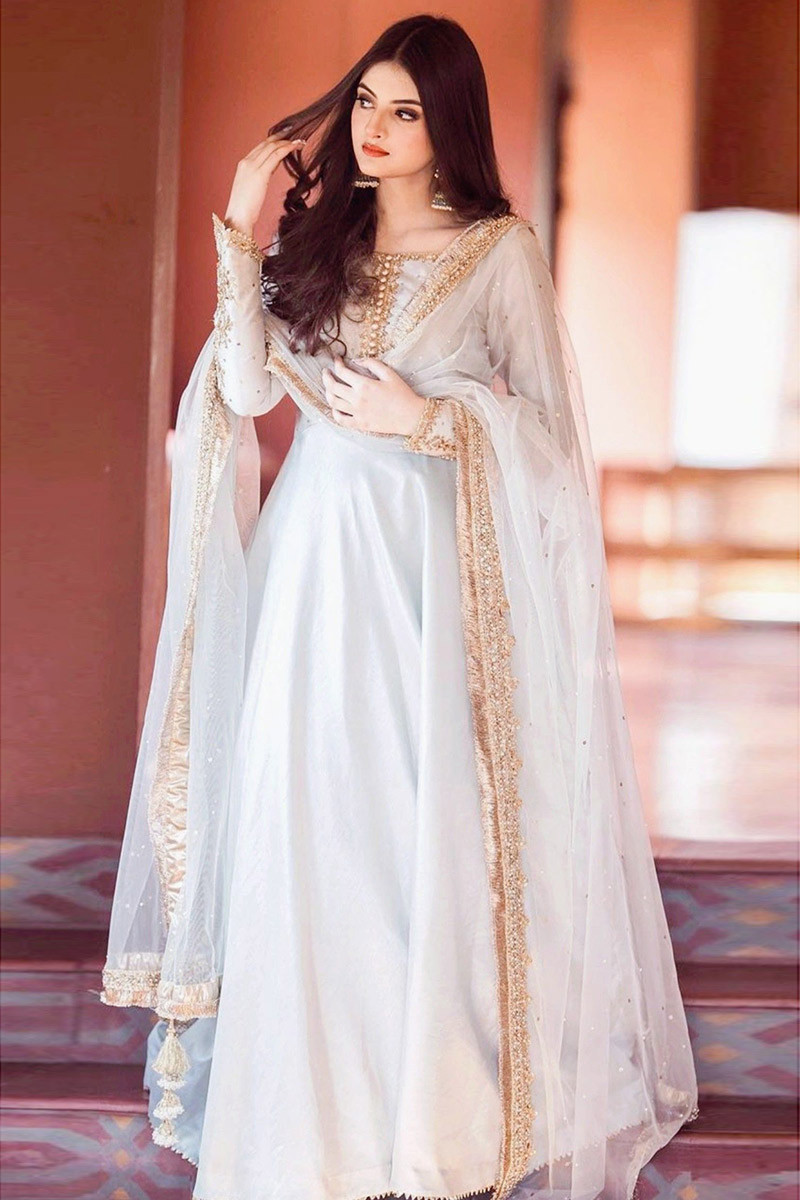 White Anarkali Gown Pant Set With Dupatta Indian traditiona