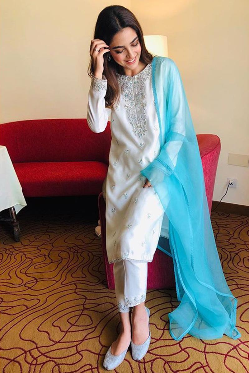 Buy Eid White Silk Pakistani Pant Style Suit With Resham Work ...