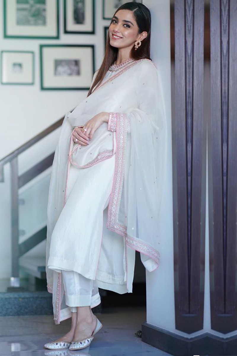 Buy Eid Special White Silk Pakistani Trouser Suit With Sequins Work ...