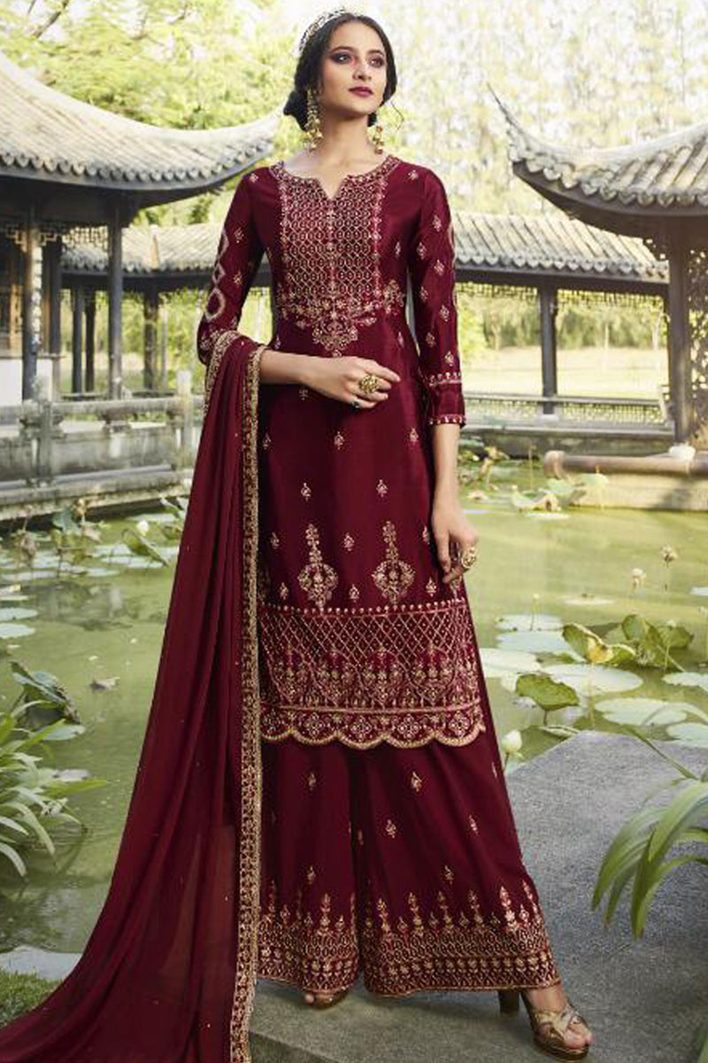Fashion Guide Wine Maroon Sharara Suit with Stone Work LSTV07561