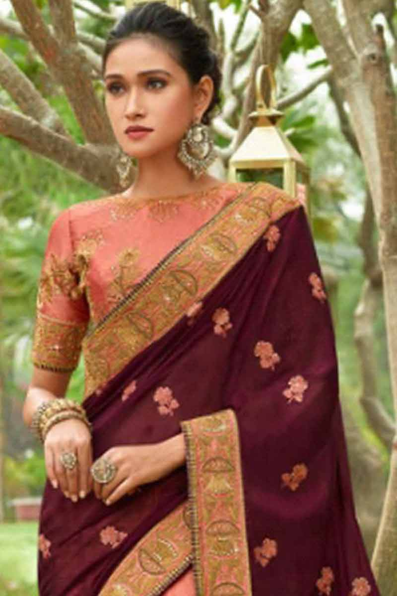 Buy Wine Red Peach Art Silk Saree With Banglori Silk Blouse Online Sarv01688 Andaaz Fashion