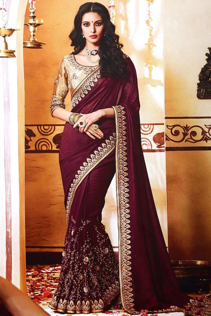 Wine saree with golden blouse Clearance