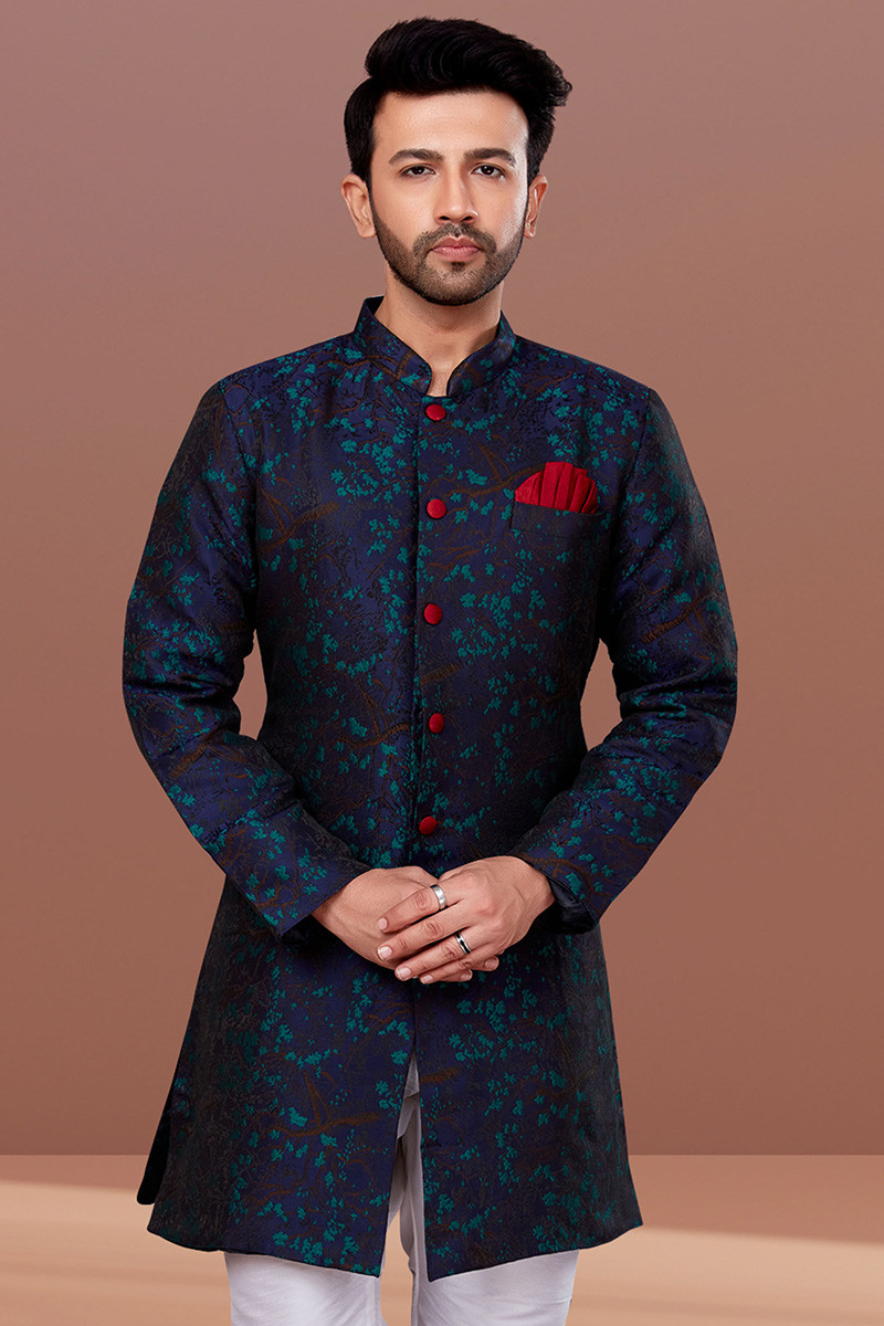 Woven Jacquard Navy Blue Men's Sherwani MSTV01891