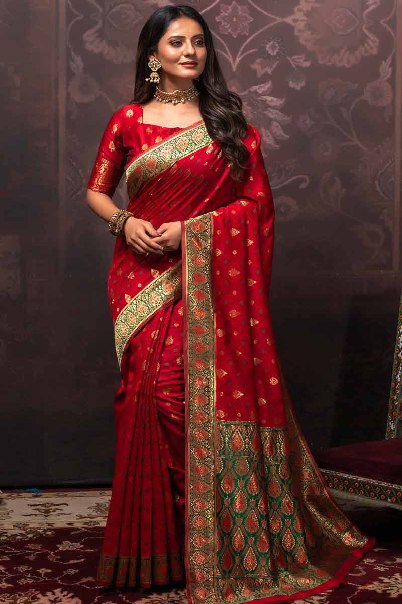 Buy Wedding Wear Banarasi Silk Deep Red Saree|SARV115487