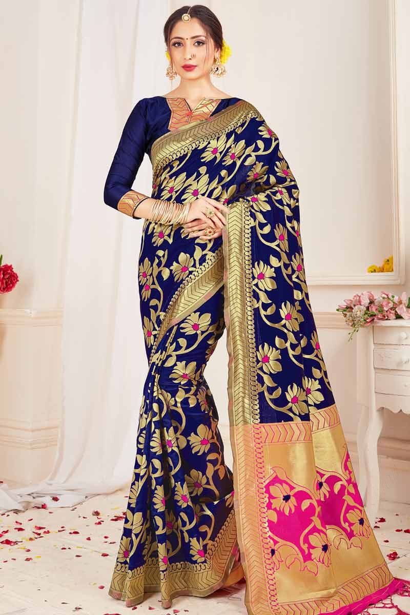 1378 Indian Sari Saree & Blouse Bollywood Party Wear Yellow Woven Crepe Silk 