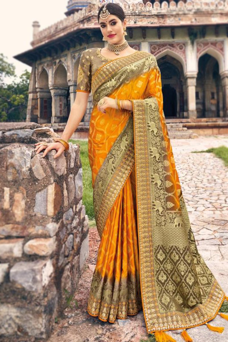 Wedding Wear Printed Yellow Banarasi Soft Silk Saree, 6.3 Meter