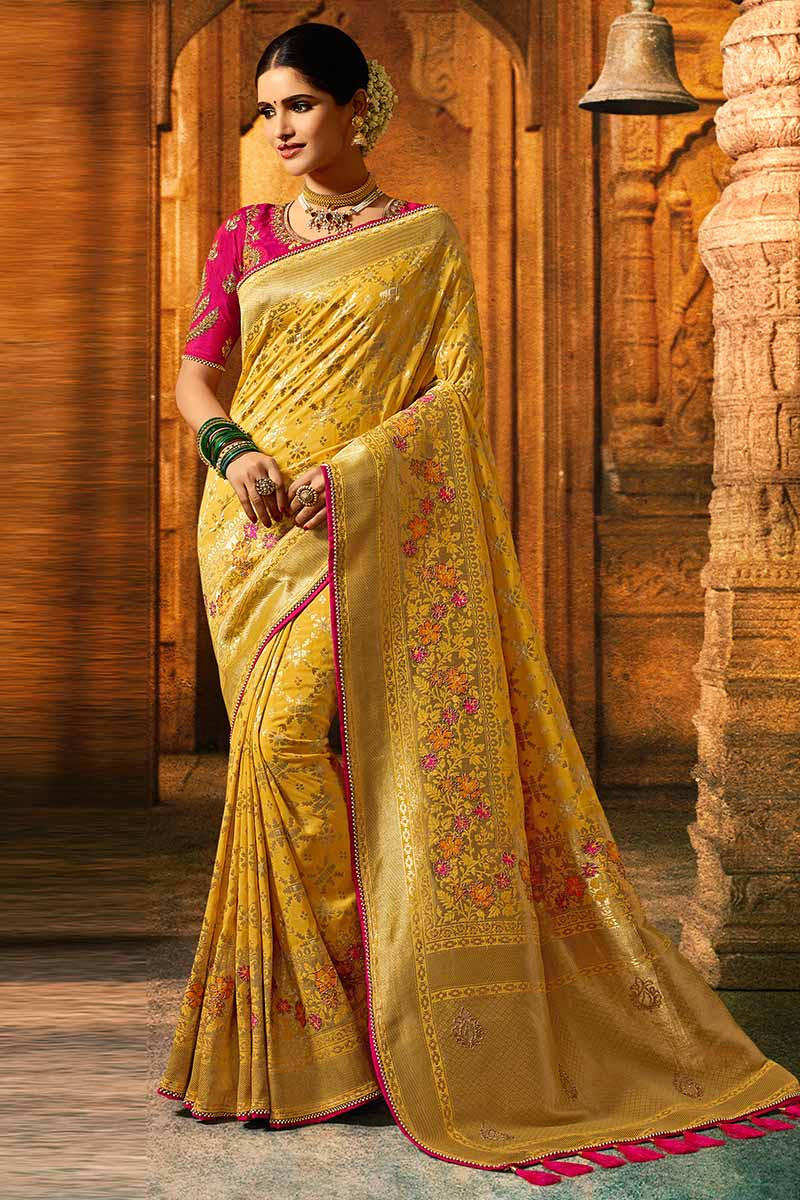 Buy Yellow Banarasi Silk Saree With Banglori Silk Blouse Online ...