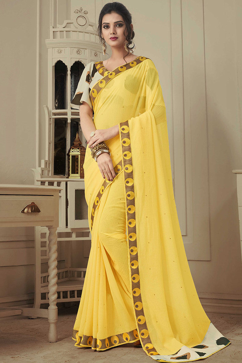 Buy Mysilk Lemon Yellow Chiffon Printed Saree - Sarees for Women 152399 |  Myntra