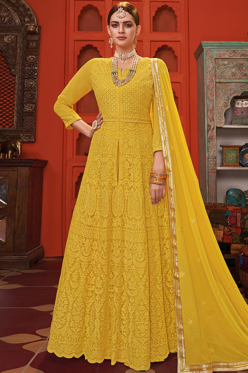 Buy Yellow Georgette Anarkali Suit With Lucknowi Work Online ...
