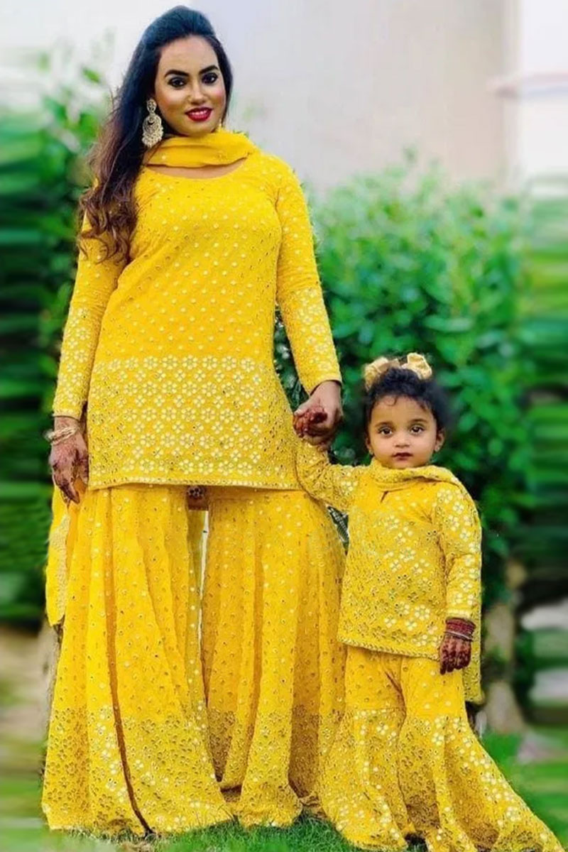 Yellow Georgette Embroidered Mother Daughter Duo Sharara Suit ...