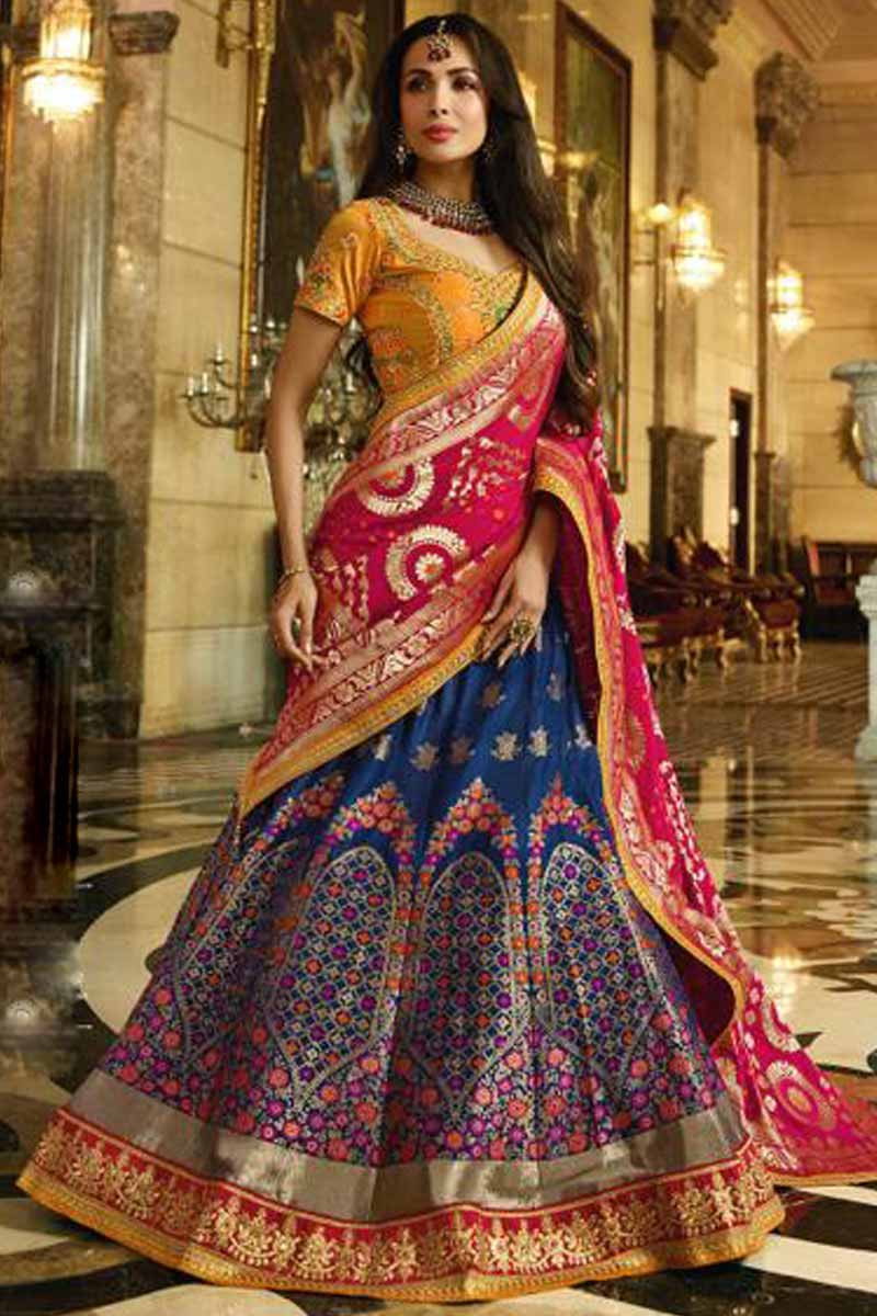 Buy Lehenga Choli online Yellow Banarasi Silk Chaniya ...