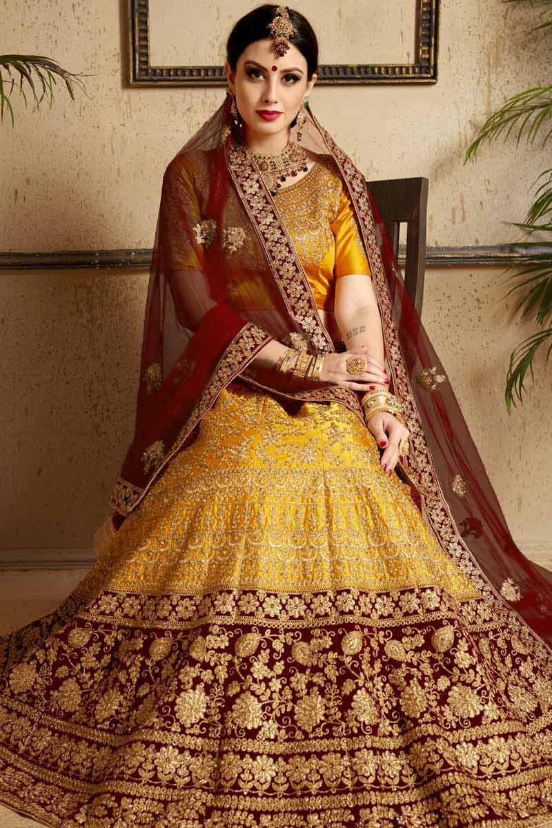 Maroon and yellow lehenga Clearance