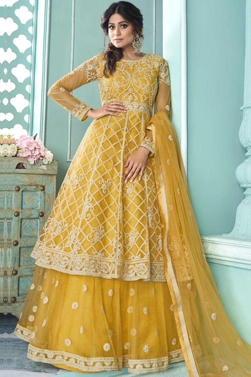 Stone Work Thread Embroidered Yellow Anarkali With Lehenga Llcv08491 4314