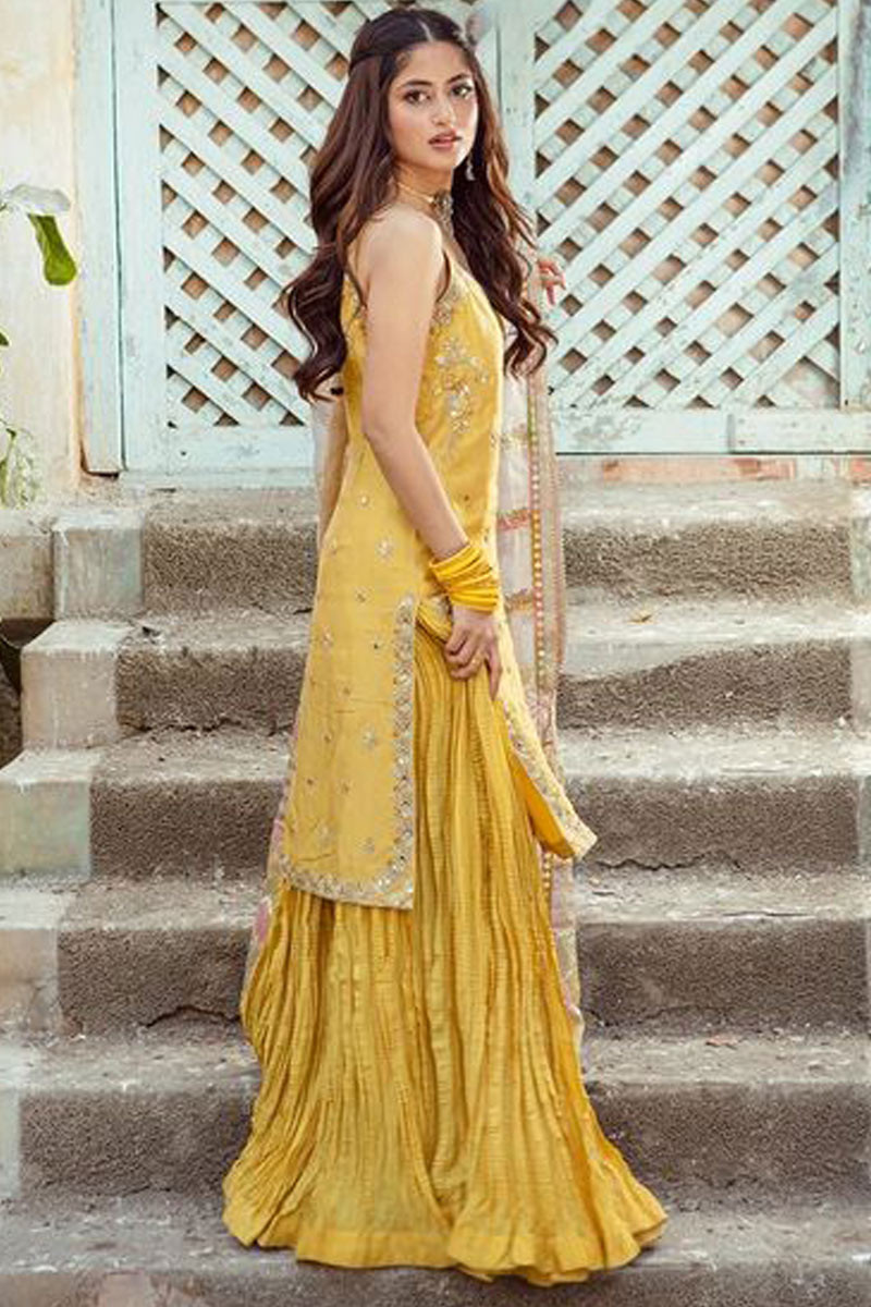 yellow sleeveless sharara suit