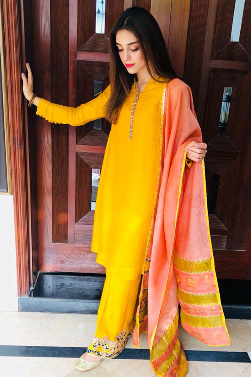 Buy Yellow Silk Eid Palazzo Pant Suit With Resham Work Online  LSTV03976   Andaaz Fashion