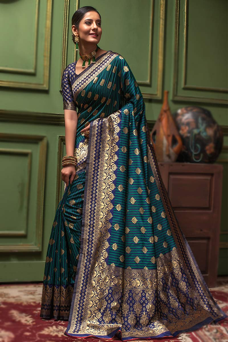 Wedding Boutique Banarasi Silk Peacock Blue Saree|SARV113916