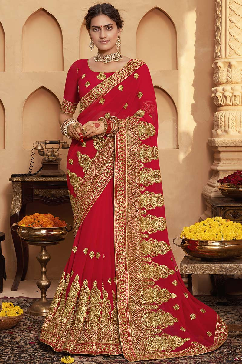 Embroidered Georgette Saree in Red : SCBA3331