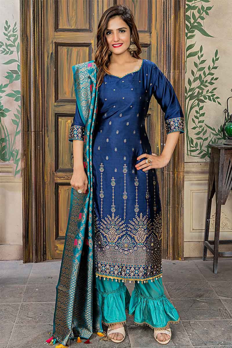 Buy Zari Embroidered Navy Blue Silk Trouser Suit Online - LSTV03410 ...