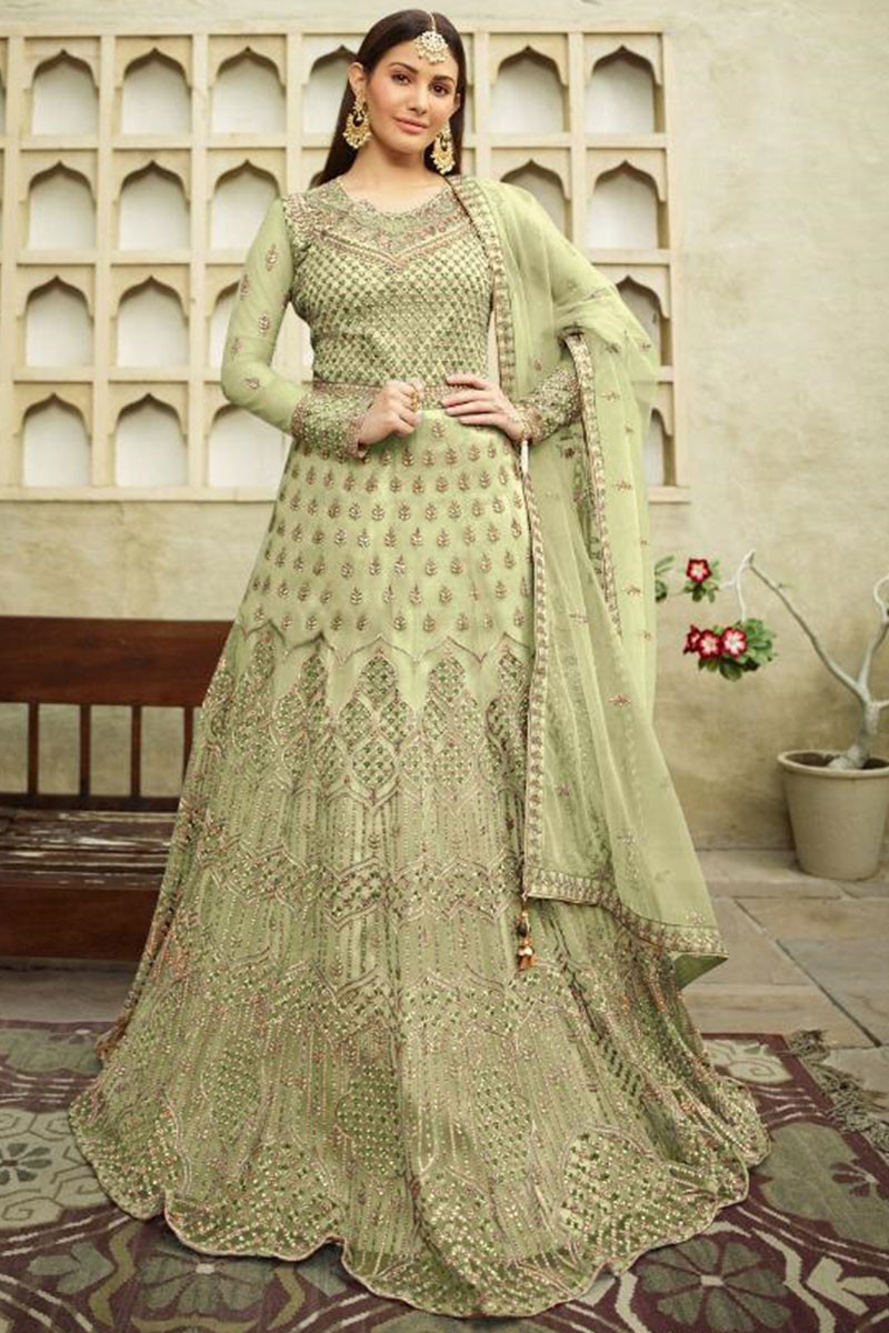 Embroidered Printed Light Green Net Long Gown Anarkali 34th Sleeves