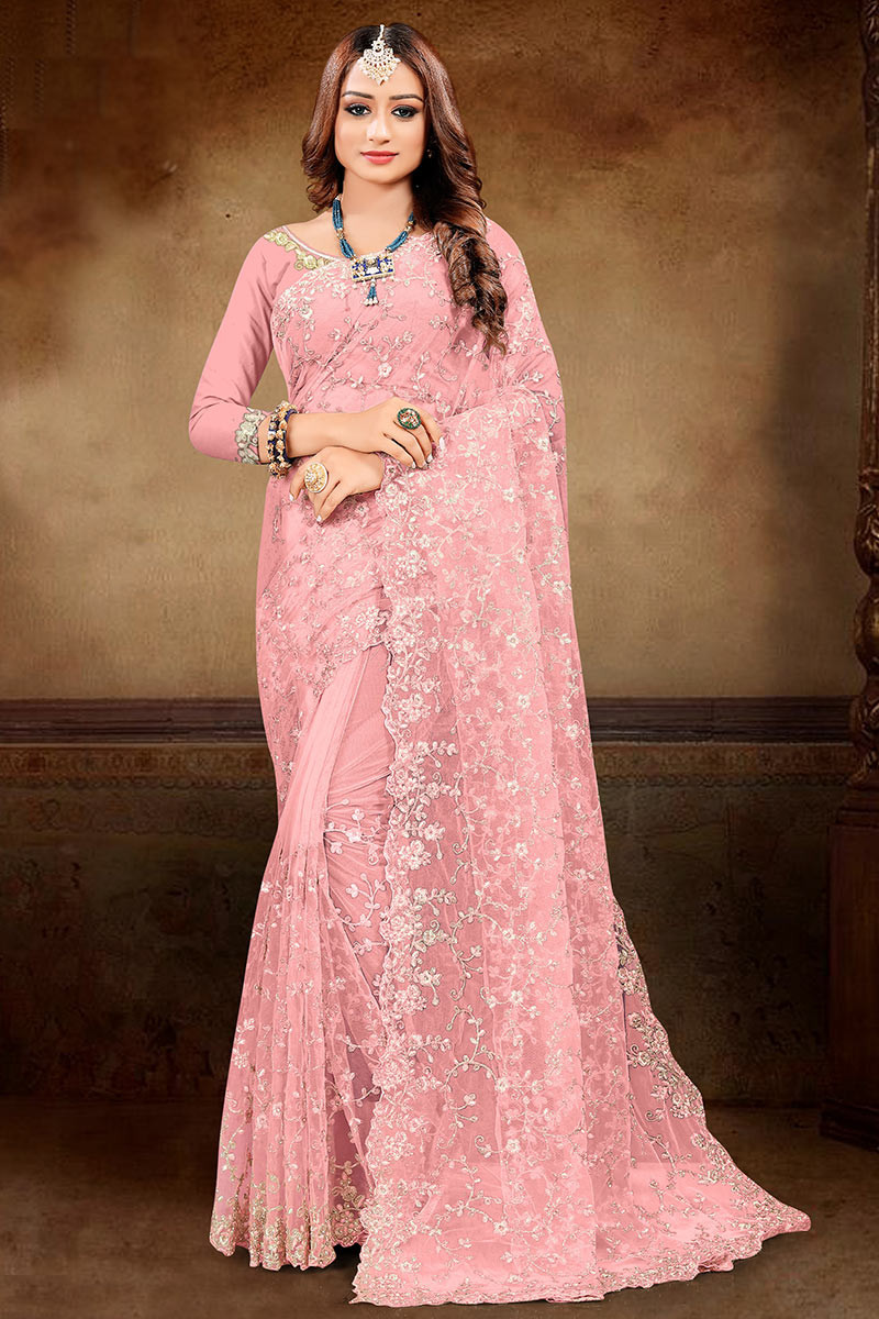 Wedding Boutique Online Zari Embroidered Net Light Pink Saree ...