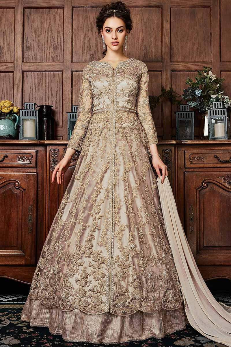 Buy Zari Embroidered Net Cream Beige Anarkali With Skirt Online - LSTV03250  | Andaaz Fashion