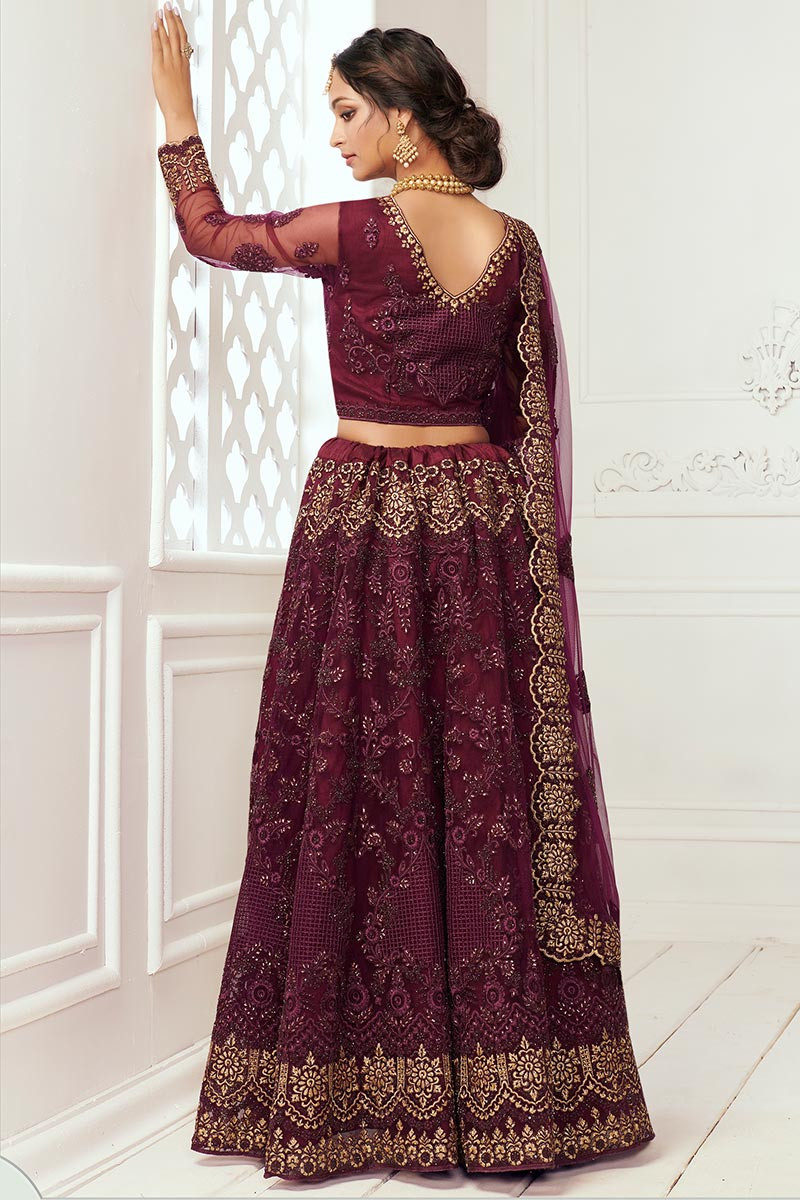 Bollywood Lehenga In Wine Maroon Embroidered Fabric LLCV08746