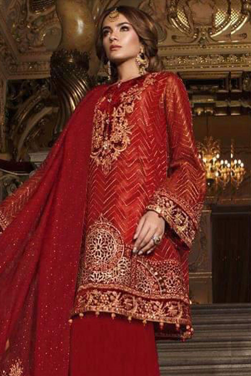 Buy Pakistani Suit Red Organza Embroidered Sharara Suit LSTV09965