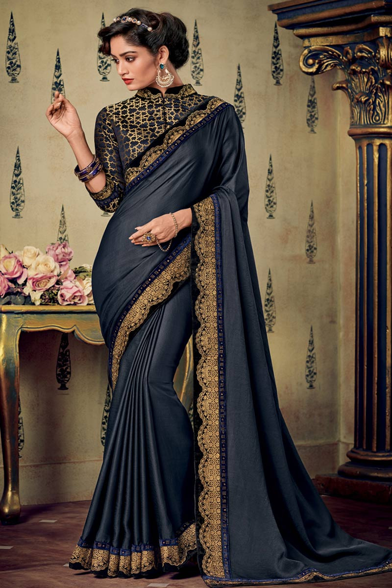Indian Sarees for Women Designer Party Wear Traditional Dark Grey Sari.