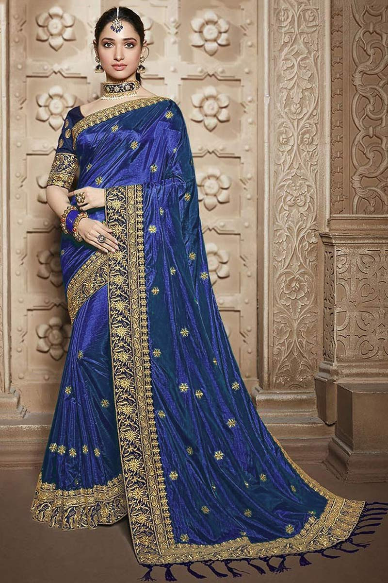 Fully Lined Zari Embroidered Soft Silk Royal Blue Saree|SARV117455