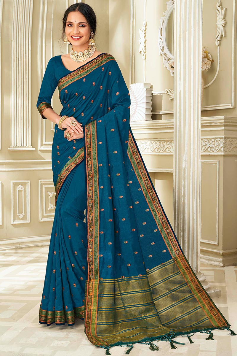 Affordable Raw Silk Peacock Blue Saree|SARV113480