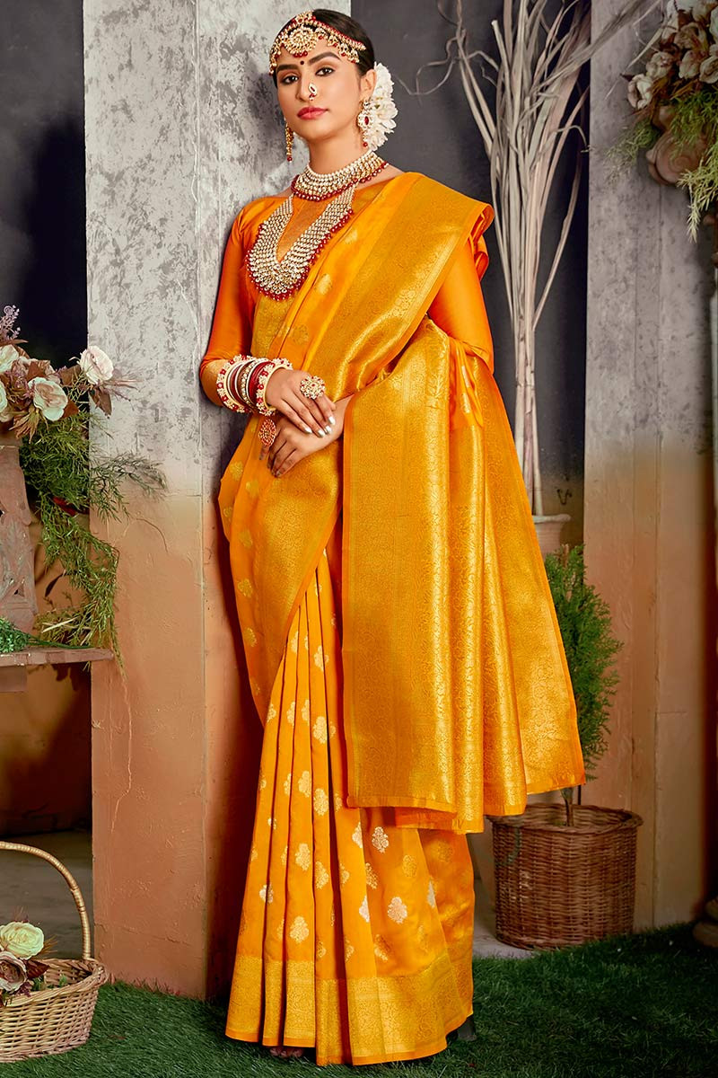 Latest Fashion Zari Weaved Banarasi Silk Turmeric Yellow Saree ...
