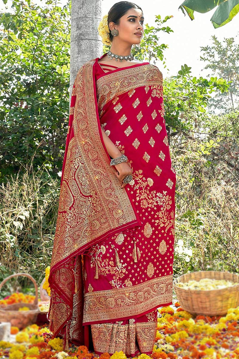 Women's Zari Woven Banarasi Silk Cherry Red Saree SARV150253