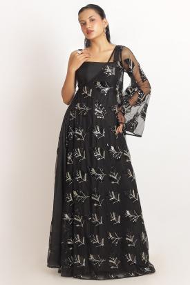 indian organza long dresses for wedding guest Floral Print Organza Gown: Handmade Indian Wedding Outfit