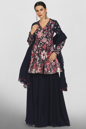 Wear Meaning Ethnic Dress Chanderi Dresses Online Andaaz Fashion Women's  Navy Blue Georgette Embroidered Designer Frock