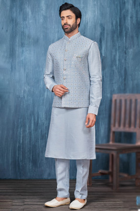 Art Silk Light Blue Jacket Style Men s Kurta Pajama MKPA06359