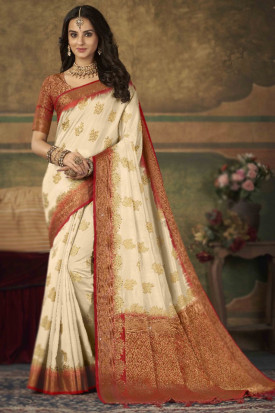 Art Silk Off White Woven Zari Broad Border Saree