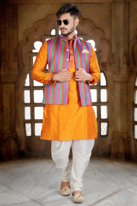 Traditional Men Kurta Pajama in Art Silk Orange for Wedding
