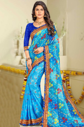 Bandhej Print Chiffon Royal Blue Saree