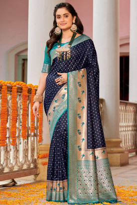Sky blue saree clearance with navy blue blouse