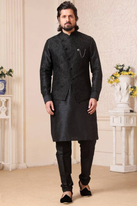 Black kurta pajama sales with jacket for wedding