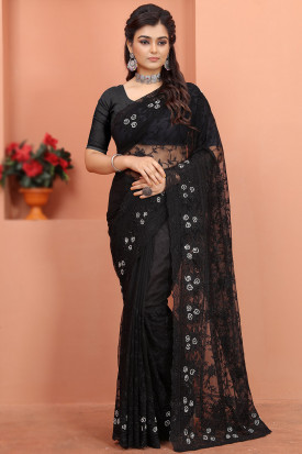 Net Light Weight Embroidered Black Saree