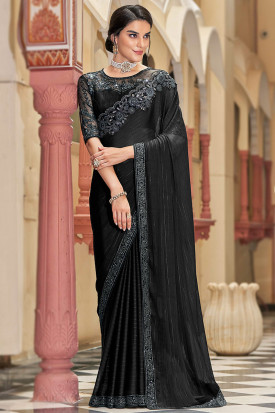 Buy Black Banarasi Strappy Saree Blouse Online in USA with Mirror Lace –  Pure Elegance