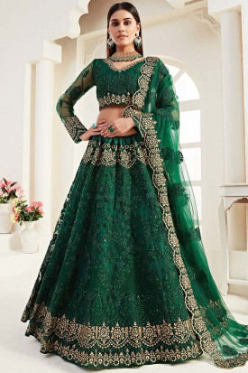 Buy Bottle Green Net Wedding Wear Lehenga Choli With Zari Work